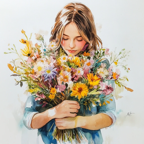 女子抱花水彩画