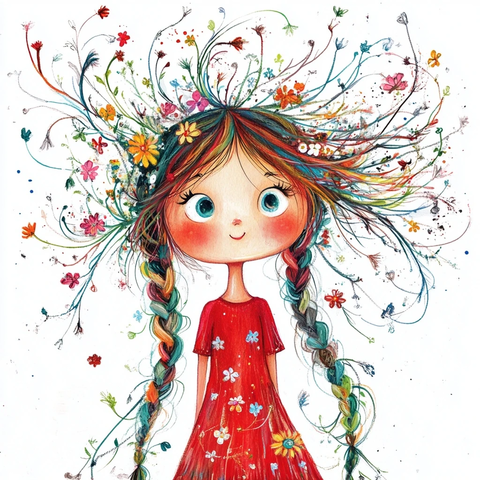 红裙女孩鲜花编发全身像