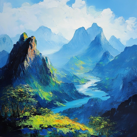 山间河流风景油画