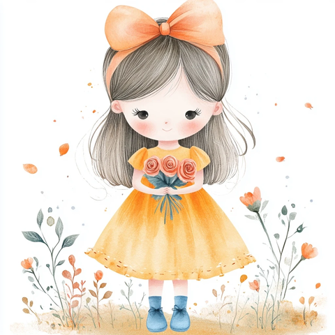 女孩黄裙玫瑰蓝色鞋