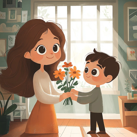 孩子送花给母亲温馨客厅场景