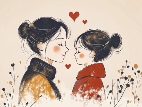 母子情深线描心形图