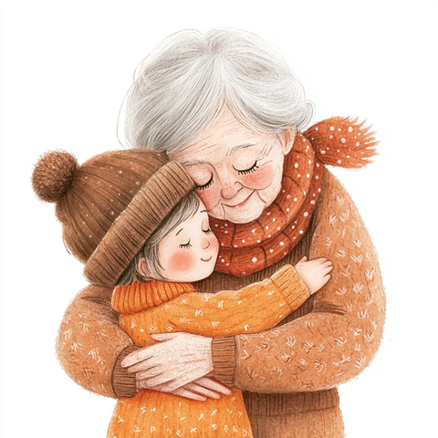 奶奶抱孙女水彩画