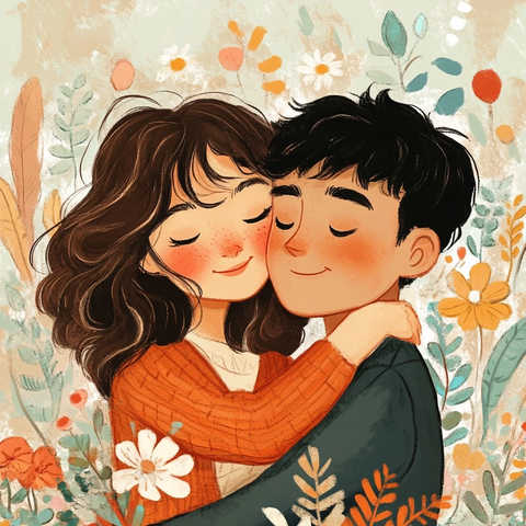 棕发女孩与亚裔男孩拥抱