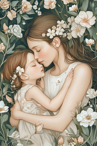 母女相拥花丛中
