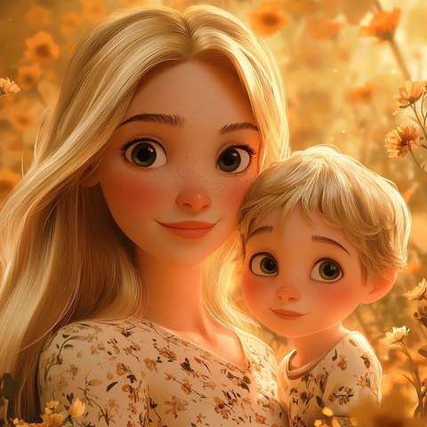 母子花纹装扮温馨相拥