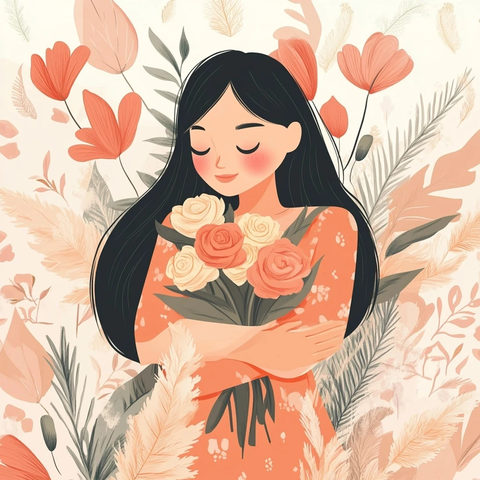 妇女节插画女孩捧花