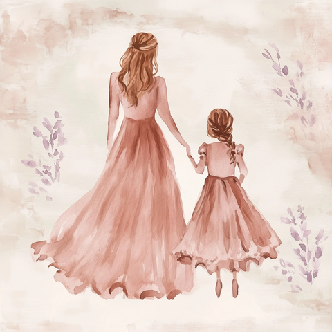 母女同穿淡玫瑰色连衣裙