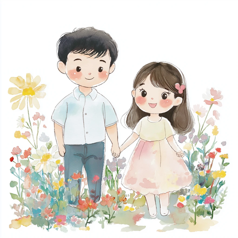 儿女牵手花丛中