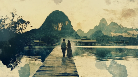 山水间的情侣漫步在水边木板路上