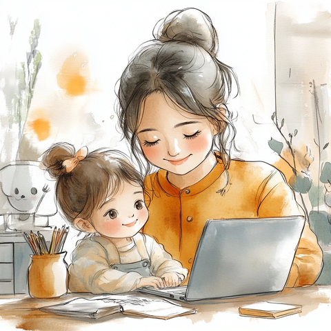 母亲办公水彩插画