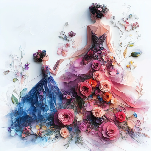 母女花朵礼服时尚插画