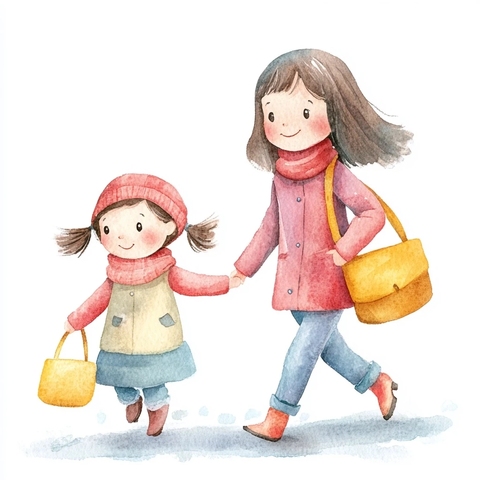 妈妈牵着女儿的手在城市散步