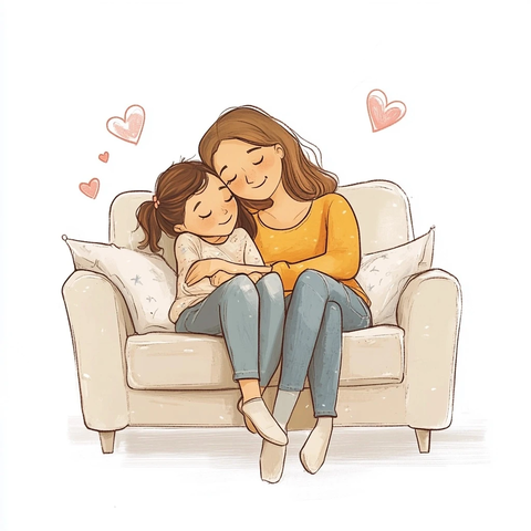 母女沙发温馨相依