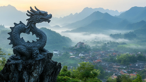 山上巨龙雕塑俯瞰山间村庄的壮观景象