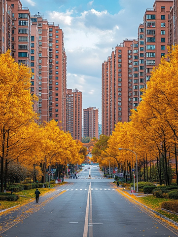 两旁金黄树木间的城市街道景象