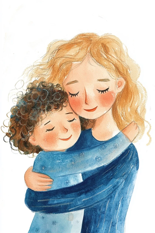 妈妈拥抱金发小孩