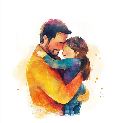 父亲拥抱孩子水彩画