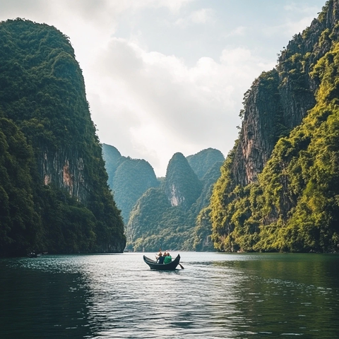 山水间的小船静谧的自然景观