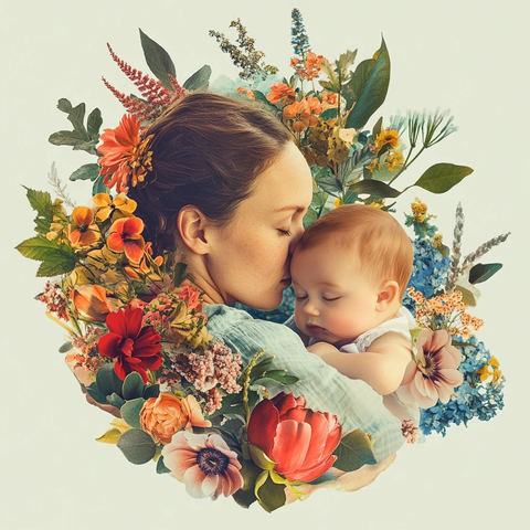 母子与花丛自然相伴