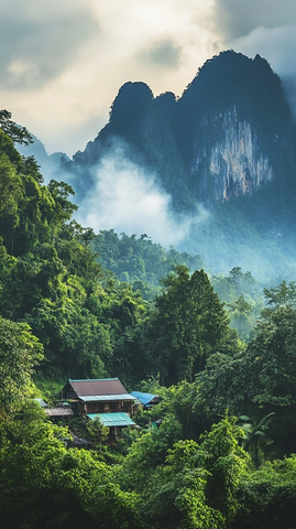 山林间云雾缭绕中的几座房屋