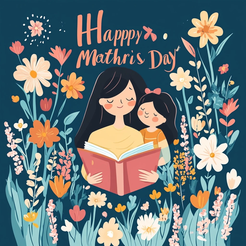 母子阅读场景与母亲节花朵