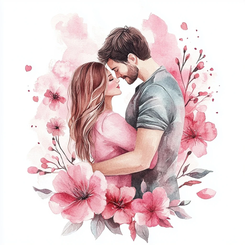 波西米亚风格情侣拥抱水彩插画