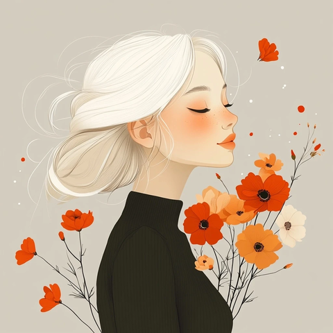 白髮女子手持花朵插畫