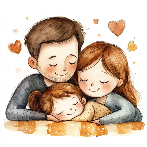 父母拥抱女儿床上