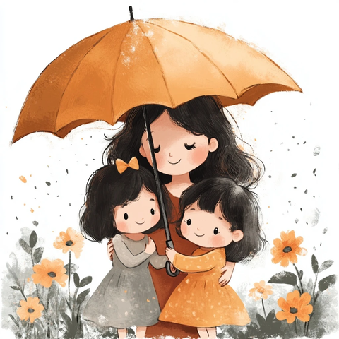 妈妈和女儿撑伞拥抱