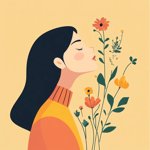 女性闻花香几何风格