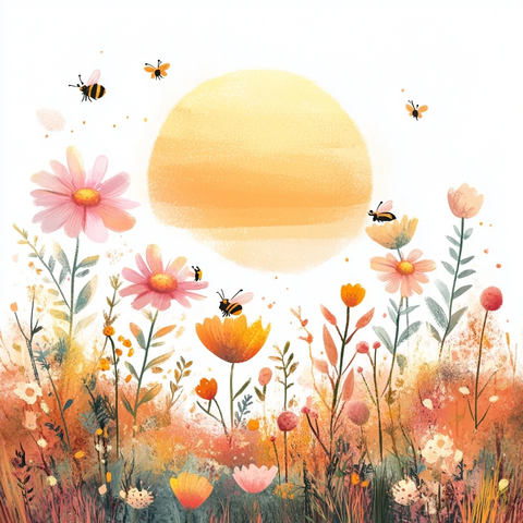 日落蝴蝶蜜蜂卡通春景