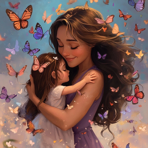 长发女子拥抱童年自我与蝴蝶