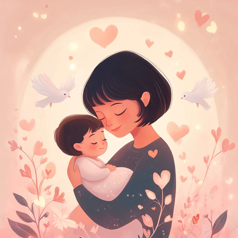 母亲温柔抱宝宝与白鸟共舞
