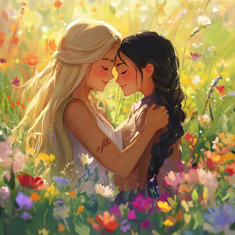 女孩花海拥抱友谊如花绽放