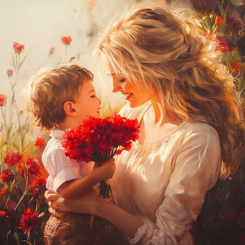 妇女赠花给男孩拥抱