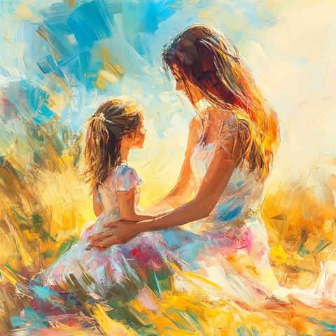 女孩与母亲印象派绘画