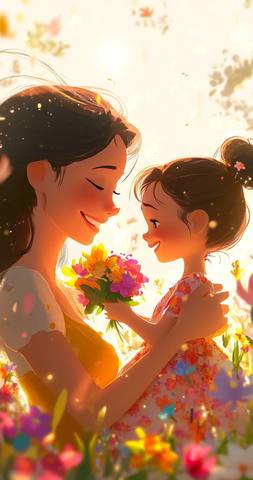 母亲节母子相拥阳光下