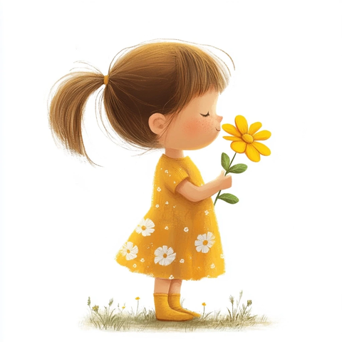 小女孩手持黄花送礼