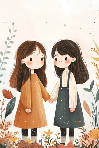 卡通女孩牵手花星插画
