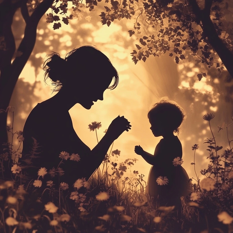 母子花园中相拥