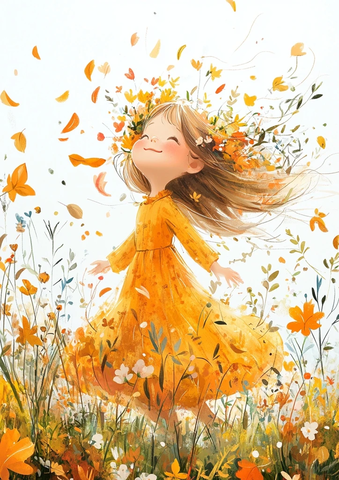 秋日女孩叶花发间奔跑