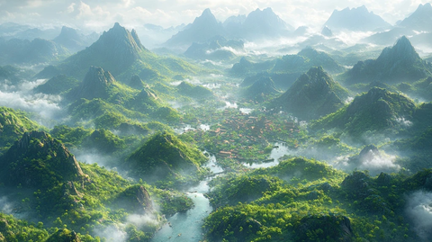 云雾缭绕山间的小镇风景全景