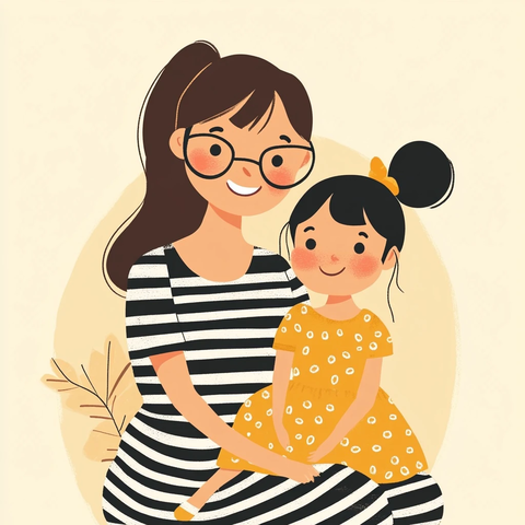 母女坐姿卡通插画