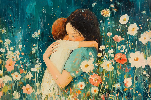 母亲花园拥抱孩子