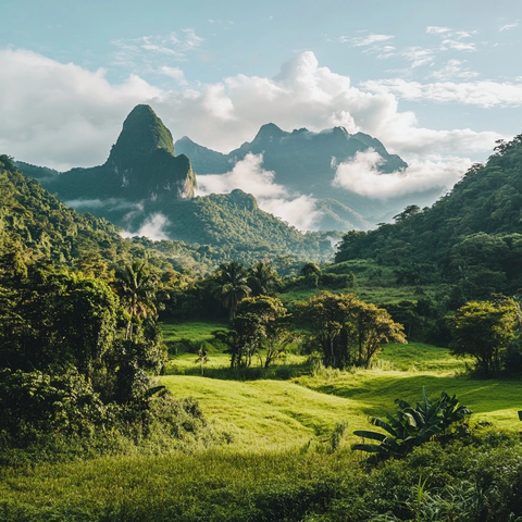 云雾缭绕的山林间绿意盎然的自然景观