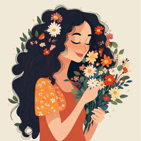 女人长发花束闻花香