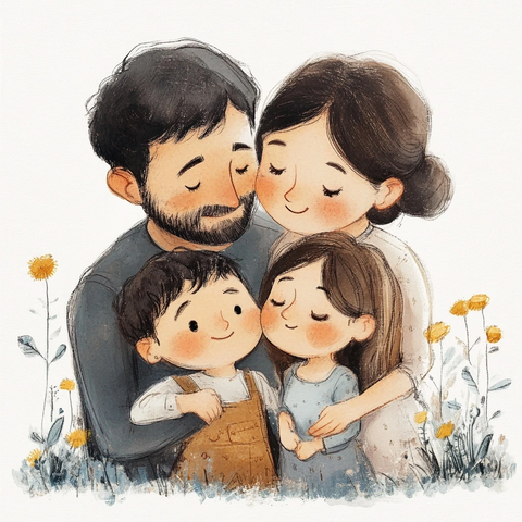 父母与孩子温馨家庭插画