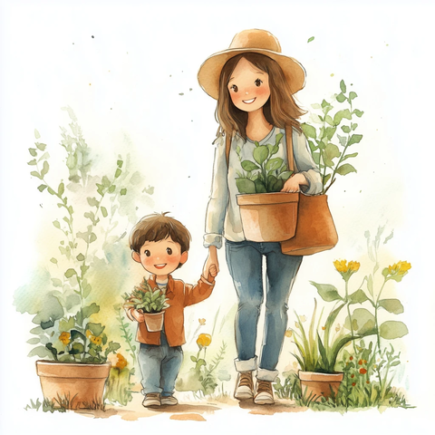 妈妈和儿子拿着植物花盆