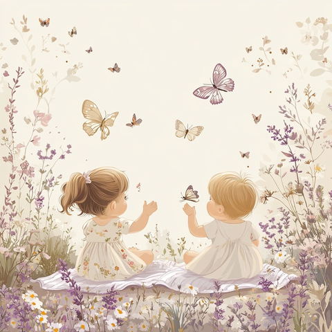 蝴蝶花丛中婴儿玩耍